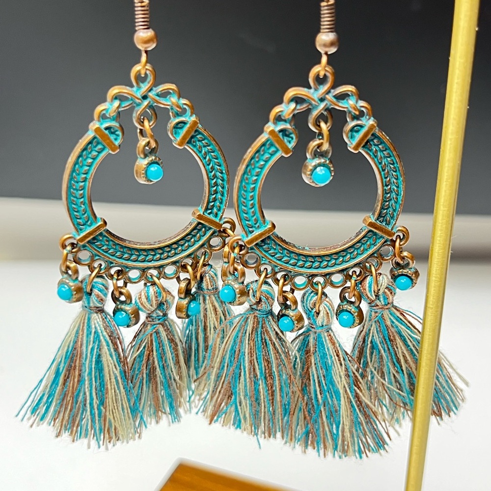 Bohemian Faux Turquoise and Bronze Color Tassel Earrings
